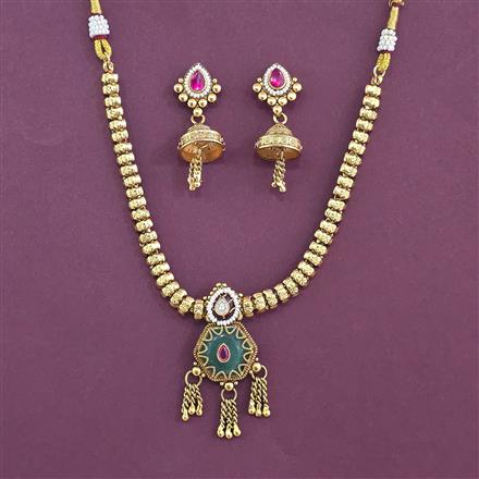 Antique Moti Necklace Set With Matte Gold Plating