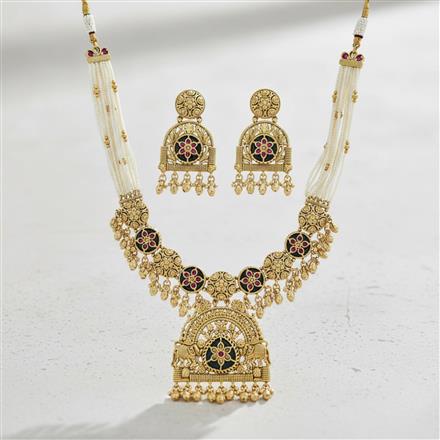 Antique Moti Necklace Set With Matte Gold Plating