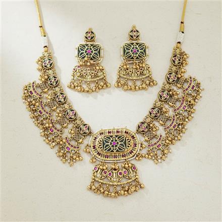 Antique Moti Necklace Set With Matte Gold Plating