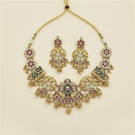 Antique Moti Necklace Set With Matte Gold Plating