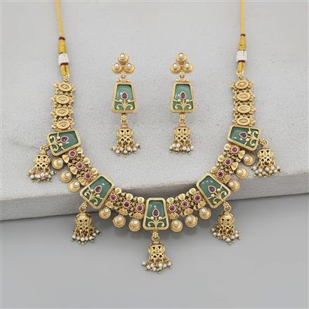 Antique Moti Necklace Set With Matte Gold Plating