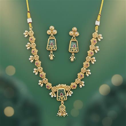Antique Moti Necklace Set With Matte Gold Plating
