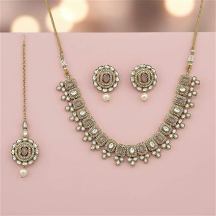 Antique Moti Necklace Set With Mehndi Plating