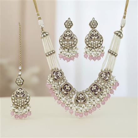 Antique Moti Necklace Set With Mehndi Plating