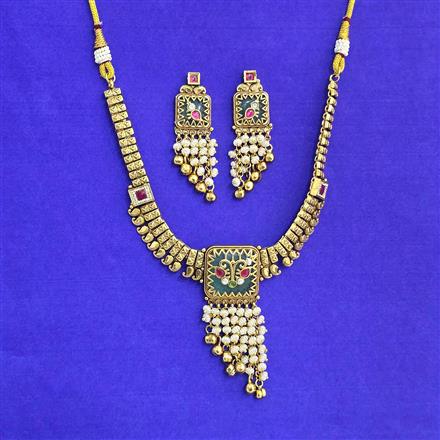 Antique Moti Necklace Set With Matte Gold Plating