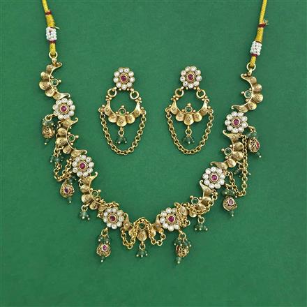 Antique Moti Necklace Set With Matte Gold Plating