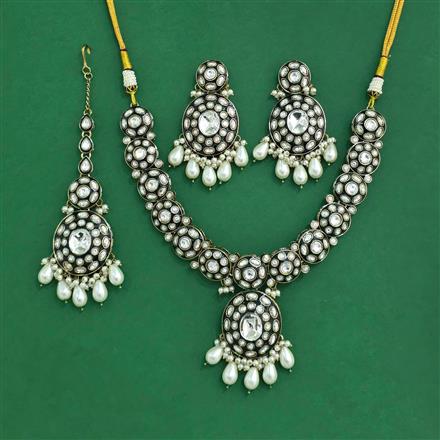 Antique Moti Necklace Set With Mehndi Plating