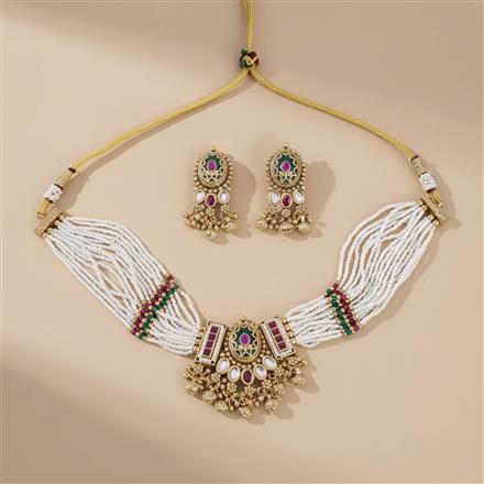 Antique Choker Necklace Set With Matte Gold Plating