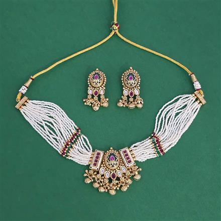 Antique Choker Necklace Set With Matte Gold Plating