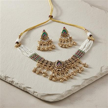 Antique Choker Necklace Set With Matte Gold Plating