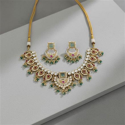 Antique Moti Necklace Set With Matte Gold Plating