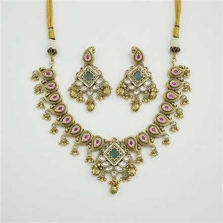 Antique Moti Necklace Set With Matte Gold Plating