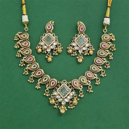 Antique Moti Necklace Set With Matte Gold Plating