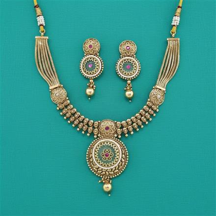 Antique Moti Necklace Set With Matte Gold Plating