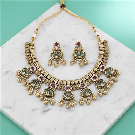 Antique Moti Necklace Set With Matte Gold Plating