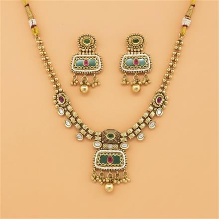 Antique Moti Necklace Set With Matte Gold Plating