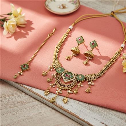 Antique Moti Necklace Set With Matte Gold Plating