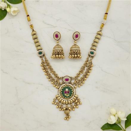 Antique Moti Necklace Set With Matte Gold Plating
