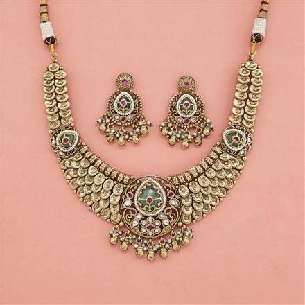 Antique Moti Necklace Set With Matte Gold Plating
