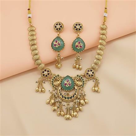Antique Moti Necklace Set With Matte Gold Plating