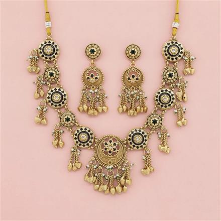 Antique Moti Necklace Set With Matte Gold Plating