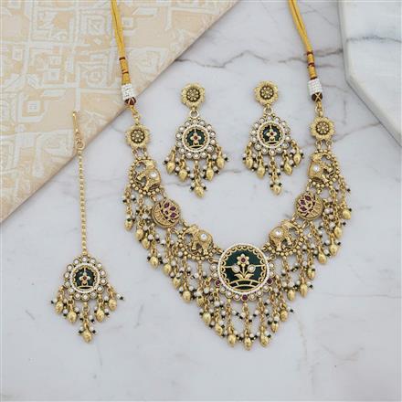 Antique Moti Necklace Set With Matte Gold Plating
