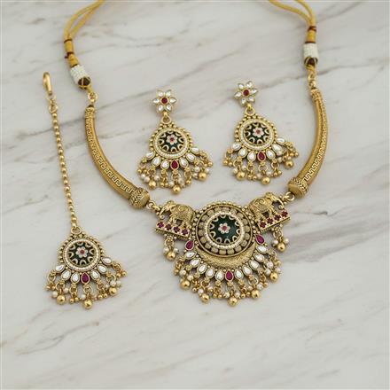 Antique Moti Necklace Set With Matte Gold Plating
