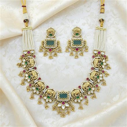 Antique Moti Necklace Set With Matte Gold Plating