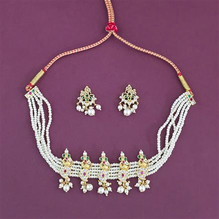 Antique Pearl Necklace Set With Matte Gold Plating