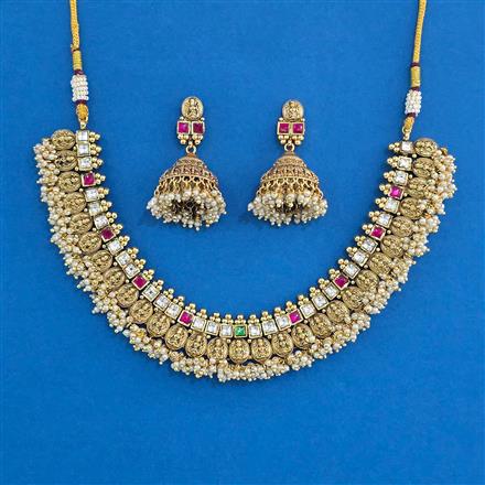 Antique Moti Necklace Set With Matte Gold Plating