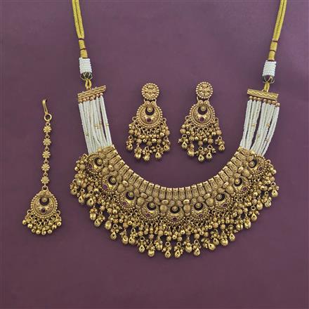Antique Moti Necklace With Matte Gold Plating