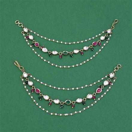 Kundan Moti Ear Chain With Mehndi Plating