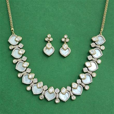 Kundan Mother Of Pearl Necklace Set With Carat Rhodium Plating