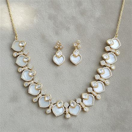 Kundan Mother Of Pearl Necklace Set With Carat Rhodium Plating