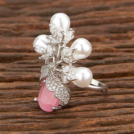 Cubic Zirconia Pearl Ring With Rhodium Plating
