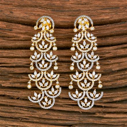 Cubic Zirconia Long Earring With Black Rose 2 Tone Rhodium Plating