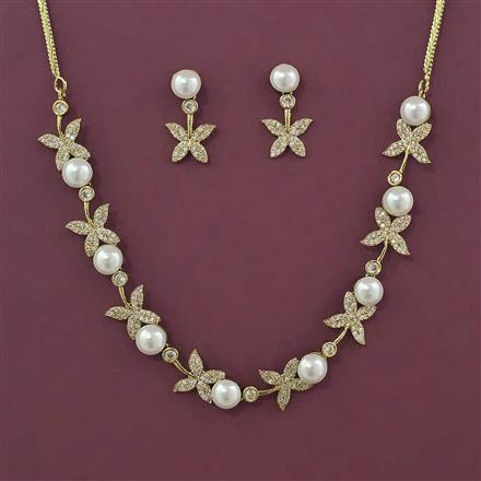 American Diamond Pearl Necklace With Rhodium Plating Mehndi Plating