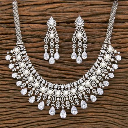 Cz Pearl Necklace With Rhodium Plating