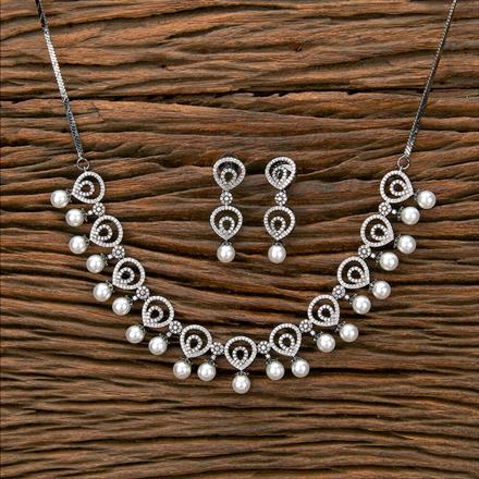 Cz Pearl Necklace With Black 2 Tone Rhodium Plating