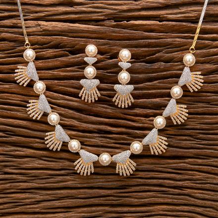Cz Pearl Necklace With Rhodium 2 Tone Plating