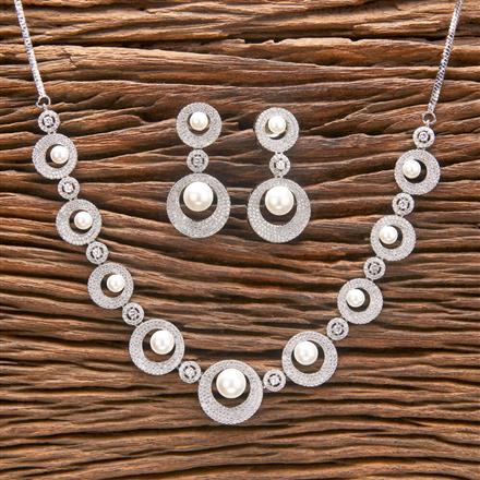 Cubic Zirconia Pearl Necklace With 2 Tone Rhodium Plating