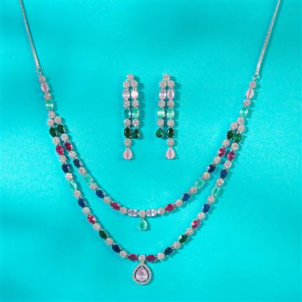 Cz 2 Line Necklace With Rhodium Plating