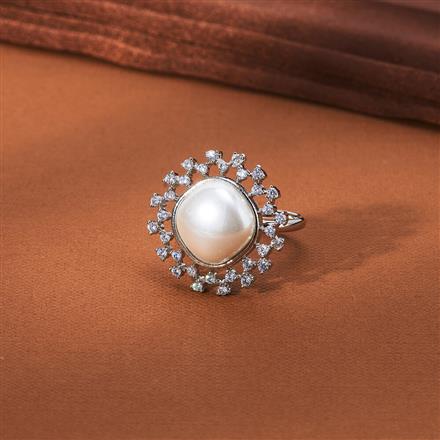 Cz Pearl Ring With 2 Tone Rhodium Plating