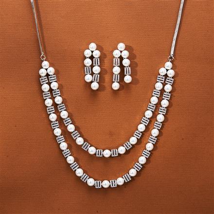 Cubic Zirconia Pearl Necklace With 2 Tone Rhodium Plating