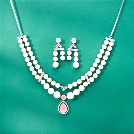 Cz Pearl Necklace With Rhodium Plating