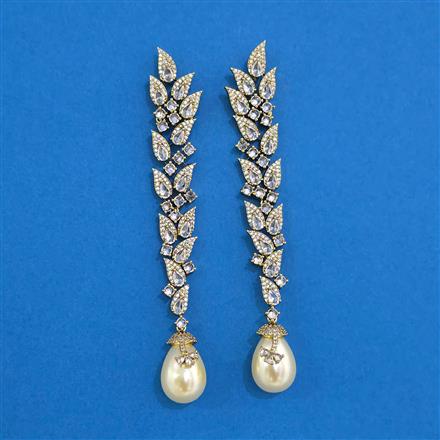 Cubic Zirconia Long Earring With Black Mehndi 2 Tone Rhodium Plating