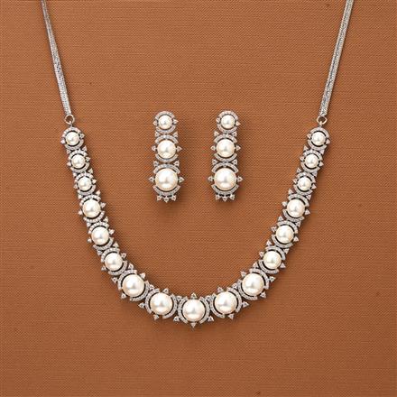 Cubic Zirconia Pearl Necklace With 2 Tone Rhodium Plating