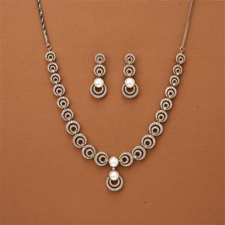 Cubic Zirconia Pearl Necklace With Mehndi 2 Tone Rhodium Plating