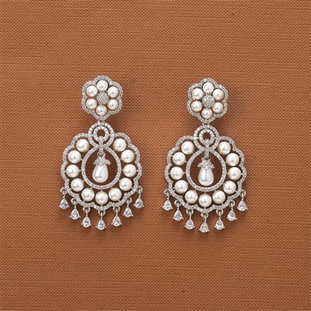 Cubic Zirconia Pearl Earring With Black Rose 2 Tone Rhodium Plating