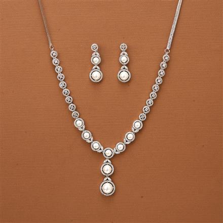 Cubic Zirconia Pearl Necklace With 2 Tone Rhodium Plating